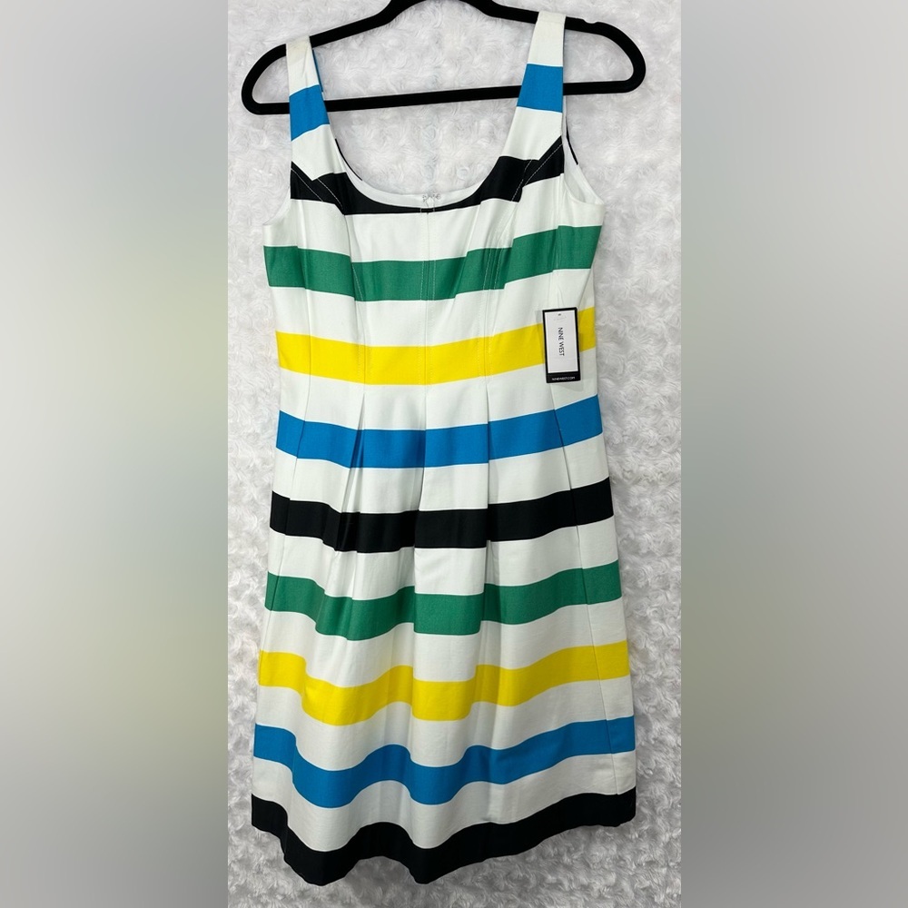 Nine West Womens Size 4 Black Multi Stripe Pocket Summer Spring Midi Dress NEW - Picture 2 of 15